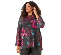 Roman Curve Floral Mesh Print Top for Women UK - Ladies Autumn Everyday Winter Holiday Round Neckline Comfy Long Sleeve Soft Cabbage Hem Shirt Office Party Blouses - Red - Size 26