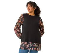 Roman Curve Floral Print 2 in 1 Top for Women UK - Ladies Everyday Autumn Winter Round Neckline Comfy Soft Evening Vacation Work Party Night Out - Tan Plus - Size 20