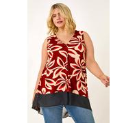 Roman Curve Floral Print Chiffon Hem Vest Top In Red Red 18