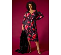 Roman Curve Floral Print Mesh Midi Dress In Red Red