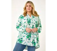 Roman Originals Pintuck Shirt for Women Ladies Jersey Blouse Collarless Top Flare Crinkle Notch Neck Tunic 3/4 Length Sleeve Longline Smart Casual Party Going Out - Floral Green Plus - Size 20