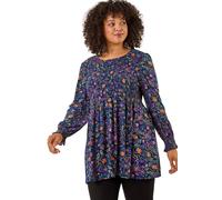 Roman Curve Floral Print Stretch Top In Navy Navy 26-28