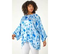 Roman Curve Floral Print Tunic Top for Women UK - Ladies Everyday Holiday Spring Summer Round Neckline Comfy Soft Evening Vacation Work Party - Blue Plus - Size 20