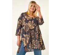 Roman Curve Floral Print Tunic Top for Women UK - Ladies Everyday Autumn Winter V-Neckline Comfy Soft Evening Vacation Work Party Night Out - Brown Plus - Size 20