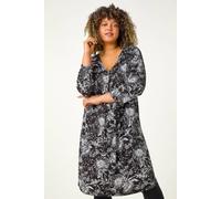 Roman Curve Floral Print V-Neck Pleated Swing Dress for Women UK - Ladies Everyday Holiday Spring Summer V-Neckline Comfy Soft Evening Vacation Work Party - Black - Size 18