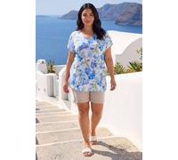 Roman Curve Animal Print Woven Top for Women UK - Ladies Everyday Holiday Spring Summer V-Neckline Comfy Soft Evening Vacation Work Party - Plus Floral Blue - Size 2628