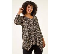 Roman Curve Floral V-Neck Stretch Top In Black Black 26-28