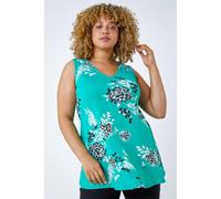 Roman Women's Curve Floral V-Neck Swing Stretch Top in Green | Size: 30-32 Roman Green 30-32
