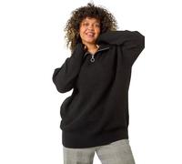 Roman Curve Front Zip Fold Over Jumper for Women UK - Ladies Autumn Everyday Winter Holiday V-Neckline Comfy Long Sleeve Soft Warm Knit Top Office Desk Sweaters - Black - Size 22