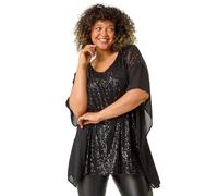 Roman Curve Full Sequin Chiffon Overlay Top for Women UK - Ladies Autumn Everyday Winter Holiday V-Neckline Comfy Short Sleeve Soft Longline Shirt Dinner Date Blouses - Black - Size 16