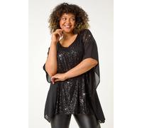 Roman Curve Full Sequin Chiffon Overlay Top In Black Black