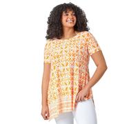 Roman Curve Women Geo Print Longline Top - Ladies Spring Everyday Summer Evening Vacation Work Holiday Short Sleeve Smart Casual - Orange - Size 26