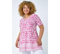 Roman Curve Geo Stretch Jersey Tunic Top In Pink Pink 20