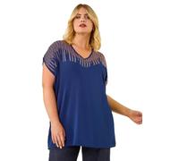 Roman Curve Hotfix Woven Top for Women UK - Ladies Everyday Autumn Winter Round Neckline Comfy Soft Evening Vacation Work Party Night Out - Navy Plus - Size 20