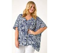 Curve Ikat Print Asymmetric Blouse Roman Navy 22-24