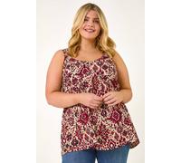 Roman Curve Ikat Print Woven Vest Top for Women UK - Ladies Everyday Holiday Spring Summer Round Neckline Comfy Soft Evening Vacation Work Party - Maroon Plus - Size 26