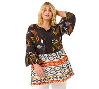 Roman Curve Ikat Print Woven Top for Women UK - Ladies Everyday Holiday Spring Summer Round Neckline Comfy Soft Evening Vacation Work Party - Orange Plus - Size 18