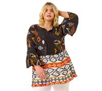 Roman Curve Ikat Print Woven Top for Women UK - Ladies Everyday Holiday Spring Summer Round Neckline Comfy Soft Evening Vacation Work Party - Orange Plus - Size 18