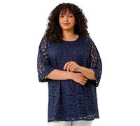 Roman Curve Lace Front Stretch Top for Women UK - Ladies Everyday Holiday Spring Summer Round Neckline Comfy Soft Evening Vacation Work Party - Navy Plus - Size 18