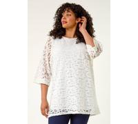 Roman Curve Lace Front Stretch Top for Women UK - Ladies Everyday Holiday Spring Summer Round Neckline Comfy Soft Evening Vacation Work Party - White Plus - Size 22