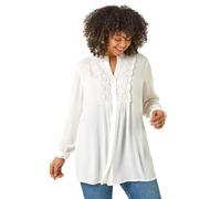 Roman Curve Lace Trim Pintuck Blouse for Women UK - Ladies Everyday Holiday Spring Summer Notch Neckline Comfy Soft Evening Vacation Work Party - Ivory Plus - Size 26