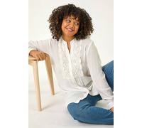 Roman Curve Lace Trim Pintuck Blouse for Women UK - Ladies Everyday Holiday Spring Summer Notch Neckline Comfy Soft Evening Vacation Work Party - Ivory Plus - Size 22