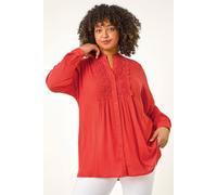 Roman Curve Lace Trim Pintuck Blouse for Women UK - Ladies Everyday Holiday Spring Summer Notch Neckline Comfy Soft Evening Vacation Work Party - Red Plus - Size 16