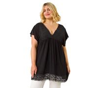 Roman Curve Lace Trim Stretch Top for Women UK - Ladies Everyday Holiday Spring Summer V-Neckline Comfy Soft Evening Vacation Work Party - Black Plus - Size 16