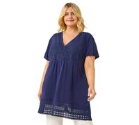 Roman Curve Lace Trim Stretch Top for Women UK - Ladies Everyday Holiday Spring Summer V-Neckline Comfy Soft Evening Vacation Work Party - Navy Plus - Size 16