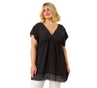 Roman Curve Lace Trim Stretch Top for Women UK - Ladies Everyday Holiday Spring Summer V-Neckline Comfy Soft Evening Vacation Work Party - Black Plus - Size 16