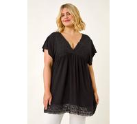 Roman Curve Lace Trim Stretch Top for Women UK - Ladies Everyday Holiday Spring Summer V-Neckline Comfy Soft Evening Vacation Work Party - Black Plus - Size 18