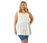 Roman Curve Lace Woven Button Vest for Women UK - Ladies Spring Everyday Summer Holiday Round Neckline Comfy Sleeveless Soft Hip Length Tank Top Day Out Blouses - Ivory - Size 20