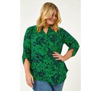 Roman Curve Stretch Jersey Floral Top for Women UK - Ladies Everyday Autumn Winter V-Neckline Comfy Soft Evening Vacation Work Party Night Out - Green Plus - Size 22