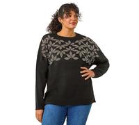Roman Curve Leaf Print Hotfix Knit Jumper for Women UK - Ladies Everyday Autumn Winter Round Neckline Comfy Soft Evening Vacation Work Party Night Out - Black Plus - Size 30