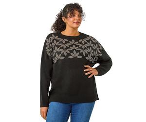 Roman Curve Leaf Print Hotfix Knit Jumper for Women UK - Ladies Everyday Autumn Winter Round Neckline Comfy Soft Evening Vacation Work Party Night Out