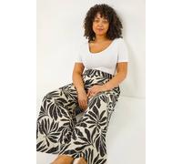 Roman Curve Abstract Spot Print Palazzo Trouser for Women UK - Ladies Everyday Holiday Spring Summer Comfy Soft Evening Vacation Work Party - Noir Leaf Plus - Size 22