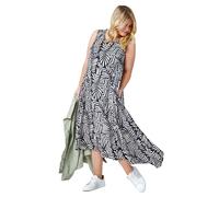 Roman Curve Leaf Print Midi Dress for Women UK - Ladies Spring Everyday Summer Holiday Round Neckline Comfy Sleeveless Soft Woven Fabric Frock Vacation Gowns - Black - Size 18