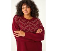 Roman Women's Curve Leaf Print Sparkly Knit Jumper in Red | Size: 18 Roman Red 18