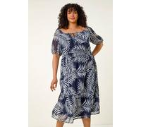 Roman Women's Curve Leaf Print Tie Neck Midi Dress in Navy | Size: 26-28 Roman Navy 26-28