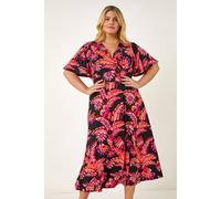 Roman Curve Leaf Print Wrap Midi Dress In Pink Pink 22-24