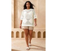 Roman Curve Metallic Diamond Knit Top for Women UK - Ladies Everyday Holiday Spring Summer Round Neckline Comfy Soft Evening Vacation Work Party - Ivory Plus - Size 20