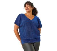 Roman Curve Metallic Plisse Banded Top for Women UK - Ladies Everyday Autumn Winter V-Neckline Comfy Soft Evening Vacation Work Party Night Out - Royal Blue Plus - Size 20