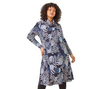 Roman Curve Paisley Cowl Neck Stretch Dress for Women UK - Ladies Autumn Everyday Winter Holiday Round Neckline Comfy Fit & Flare Soft Knee Length Frock Office Desk Gowns - Navy - Size 18