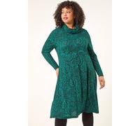 Roman Curve Paisley Cowl Neck Stretch Dress for Women UK - Ladies Autumn Everyday Winter Holiday Round Neckline Comfy Fit & Flare Soft Knee Length Frock Office Desk Gowns - Green - Size 16