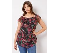 Roman Curve Paisley Print Chiffon Bardot Top In Pink Pink 30-32