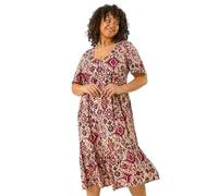 Roman Curve Paisley Tiered Frill Midi Dress for Women UK - Ladies Everyday Holiday Spring Summer V-Neckline Comfy Soft Evening Vacation Work Party - Maroon Plus - Size 20