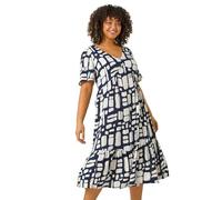 Roman Curve Paisley Tiered Frill Midi Dress for Women UK - Ladies Everyday Holiday Spring Summer V-Neckline Comfy Soft Evening Vacation Work Party - Navy Plus - Size 22