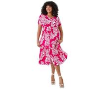 Roman Curve Paisley Tiered Frill Midi Dress for Women UK - Ladies Everyday Holiday Spring Summer V-Neckline Comfy Soft Evening Vacation Work Party - Fuchsia Plus - Size 26