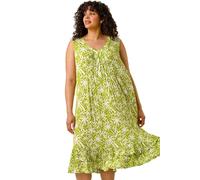 Roman Curve Palm Print Pleated V-Neck Dress for Women UK - Ladies Everyday Holiday Spring Summer V-Neckline Comfy Soft Evening Vacation Work Party - Green Plus - Size 22