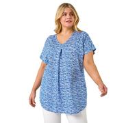 Roman Curve Plain Pleat Front Stretch Top for Women UK - Ladies Everyday Holiday Spring Summer V-Neckline Comfy Soft Evening Vacation Work Party - Blue Plus - Size 26